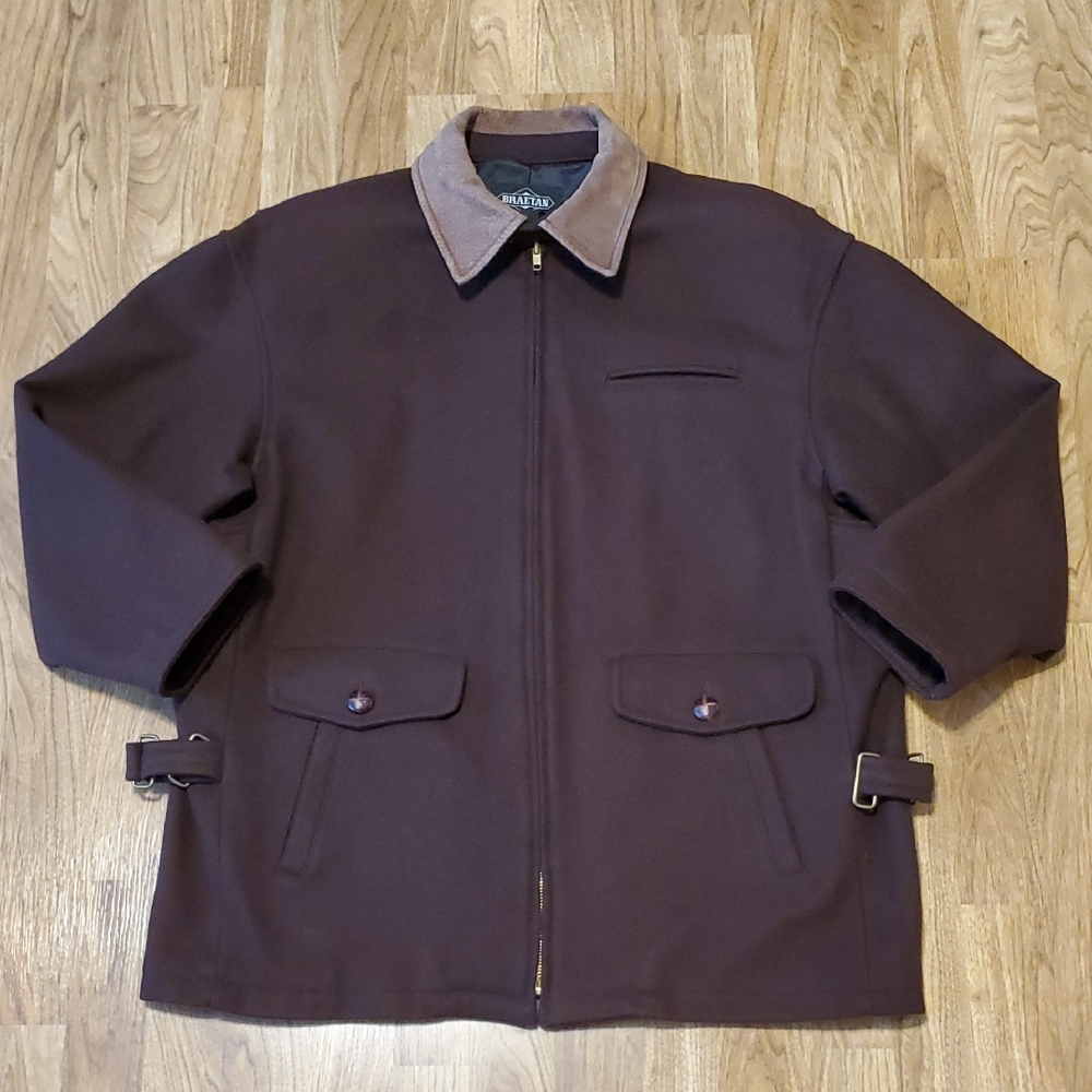 Braetan Dark Brown Wool Jacket with Light Tan Suede Leather Collar VTG Mens M